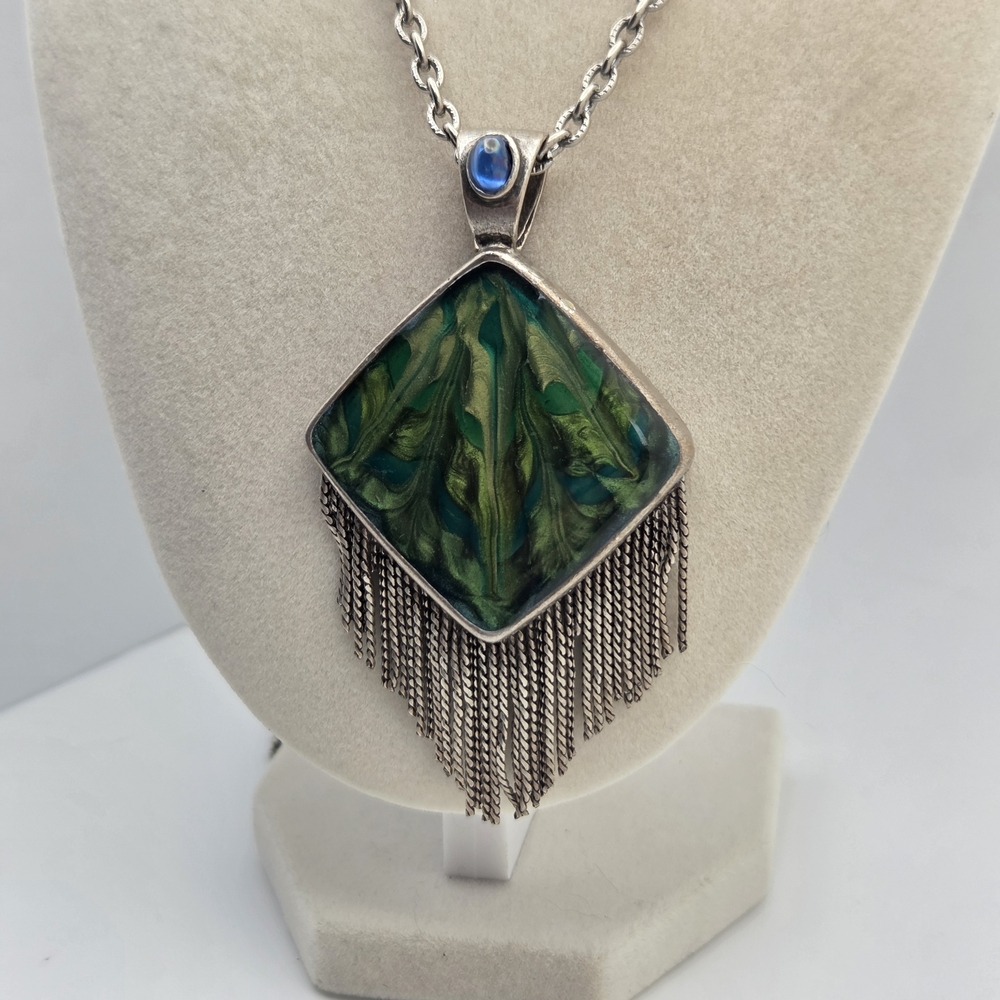 ​Chico’s Retired Peacock Feather Enamel Long 40" Statement Tassel Necklace